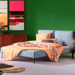 Łóżko Podwójne Z Zagłówkiem Niebieskie Nogi Czarne 180x200 Cm