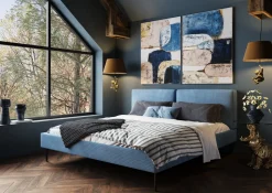 Łóżko Podwójne Z Zagłówkiem Niebieskie Nogi Czarne 180x200 Cm