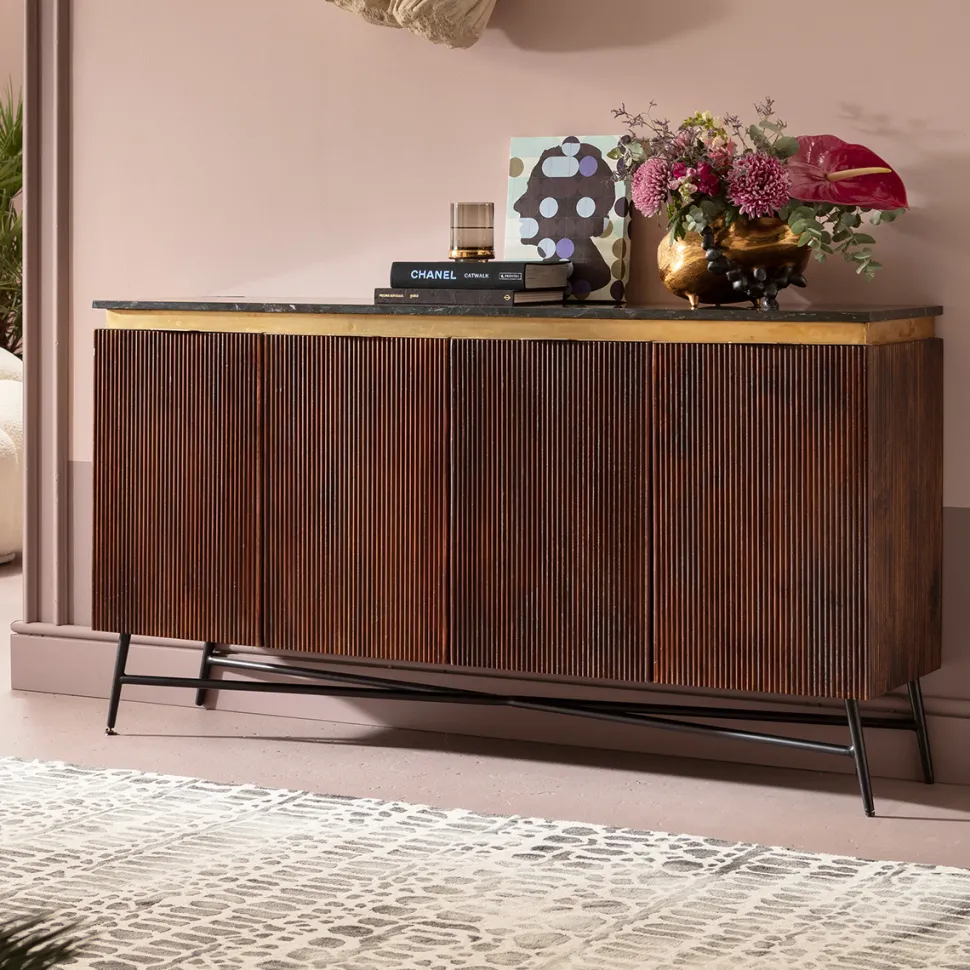 Komoda Catalina 160x86 Cm Drewno Mango Ciemnobrązowe - Blat Marmur