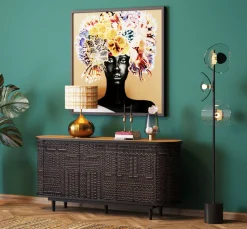 Komoda 3-drzwiowa Boho Drewno Mango Czarne Blat Naturalny 160x75 Cm