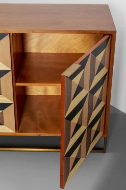 Komoda 3-drzwiowa Fornir Orzechowy Nogi Złote Stalowe 160x78 Cm Front Efekt 3D