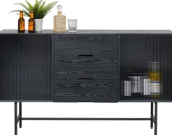 Komoda Loft Z 3 Szufladami Czarna Stalowa Front Szkło Ryflowane I MDF 150x90 Cm