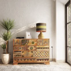 Komoda Z 14 Szufladami Drewno Mango Kolorowe Ornamenty 115x80 Cm