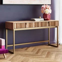 Konsola Z Szufladami MDF Naturalna 136x40 Cm Front Sklejka Jesionowa