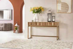 Konsola Z Szufladami MDF Naturalna 136x40 Cm Front Sklejka Jesionowa