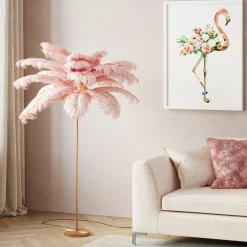 Lampa Podłogowa Palma Różowa Strusie Pióra 165 Cm Podstawa Złota