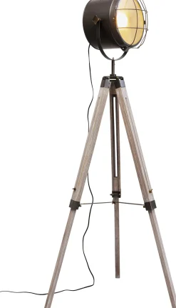 Lampa Podłogowa Trójnóg Vintage Drewno Sosnowe I Stal 110-155 Cm