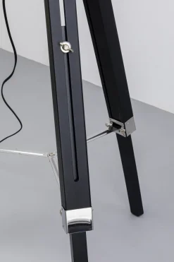 Lampa Podłogowa Trójnóg Z Regulacją Wysokości Czarna Drewno I Stal 95-140 Cm