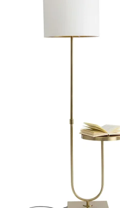 Lampa Podłogowa Złota Ze Stolikiem Abażur Lniany 155 Cm