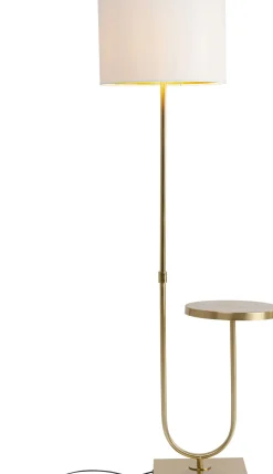 Lampa Podłogowa Złota Ze Stolikiem Abażur Lniany 155 Cm