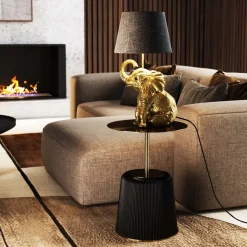 Lampa Stołowa Glamour Złoty Słonik Abażur Czarny 27x48 Cm