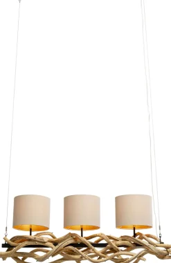 Lampa Wisząca Drewno Naturalne I Stal Czarna 115 Cm Klosze Lniane Beżowe