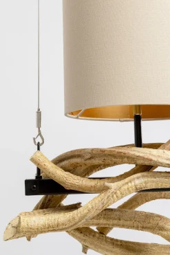 Lampa Wisząca Drewno Naturalne I Stal Czarna 115 Cm Klosze Lniane Beżowe