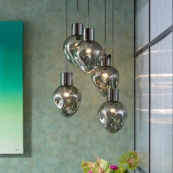 Lampa Wisząca Przydymiona 5L Stal I Szkło Ø50x160 Cm