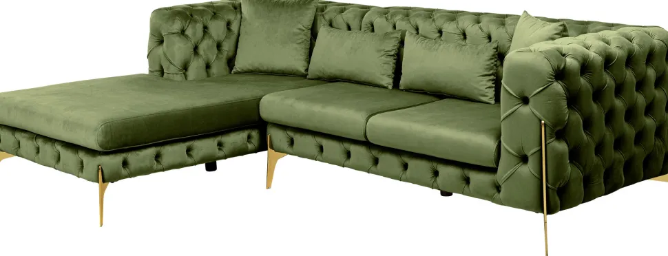 Narożnik Lewy Welurowy Pikowany Zielony Glamour 240x180 Cm Nogi Złote