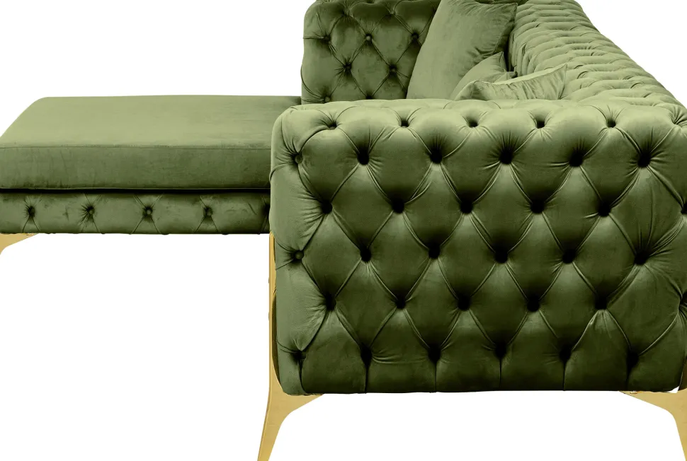 Narożnik Lewy Welurowy Pikowany Zielony Glamour 240x180 Cm Nogi Złote