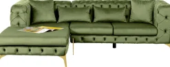 Narożnik Lewy Welurowy Pikowany Zielony Glamour 240x180 Cm Nogi Złote