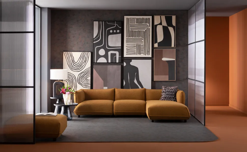 Narożnik Prawy W Kolorze żółtym Tkanina Pluszowa 302x160 Cm