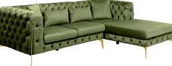 Narożnik Prawy Welurowy Pikowany Zielony Glamour 240x180 Cm Nogi Złote