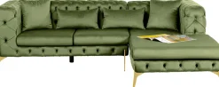 Narożnik Prawy Welurowy Pikowany Zielony Glamour 240x180 Cm Nogi Złote