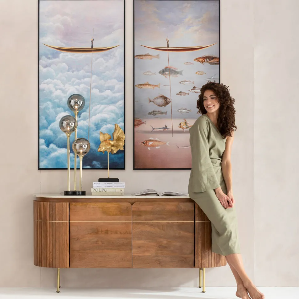 Obraz Kolorowy łódka I Ryby Rama Czarna 60x120 Cm