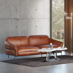 Sofa Ekskluzywna 3-osobowa Brązowa Skóra Semianilinowa Nogi Czarne 226 Cm