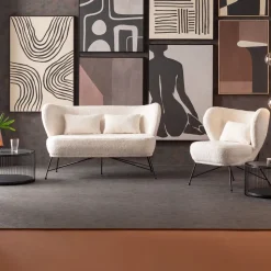 Sofa 2-osobowa Biała Boucle Nogi Czarne Stalowe 139 Cm