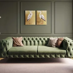 Sofa 3-osobowa Welurowa Pikowana Zielona Glamour 240 Cm Nogi Złote