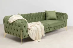 Sofa 3-osobowa Welurowa Pikowana Zielona Glamour 240 Cm Nogi Złote