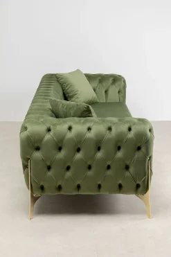 Sofa 3-osobowa Welurowa Pikowana Zielona Glamour 240 Cm Nogi Złote