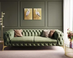 Sofa 3-osobowa Welurowa Pikowana Zielona Glamour 240 Cm Nogi Złote