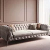 Sofa 3-osobowa Welurowa Pikowana Beżowa Glamour 240 Cm Nogi Czarne