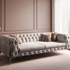 Sofa 3-osobowa Welurowa Pikowana Beżowa Glamour 240 Cm Nogi Czarne