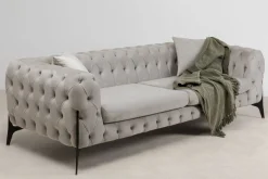 Sofa 3-osobowa Welurowa Pikowana Beżowa Glamour 240 Cm Nogi Czarne