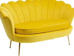 Sofa 2-osobowa Welurowa żółta 132 Cm Nogi Złote