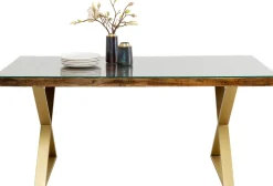 Stół Blat Drewno Z Recyklingu I Szkło Hartowane Nogi Złote 180x90 Cm