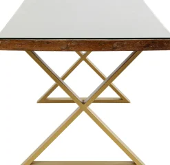 Stół Blat Drewno Z Recyklingu I Szkło Hartowane Nogi Złote 180x90 Cm