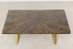 Stół Blat Drewno Z Recyklingu I Szkło Hartowane Nogi Złote 180x90 Cm