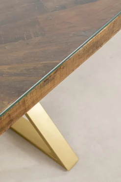 Stół Blat Drewno Z Recyklingu I Szkło Hartowane Nogi Złote 180x90 Cm