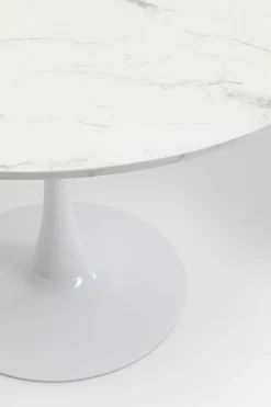 Stół Do Jadalni Biały Blat MDF Imitacja Marmuru Noga Biała Stalowa Ø110 Cm