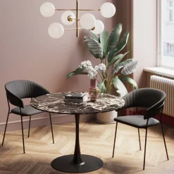 Stół Do Jadalni Czarny Blat MDF Imitacja Marmuru Ø110 Cm