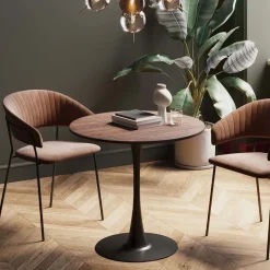 Stół Loft W Okleinie Orzech Włoski Noga Czarna Ø80 Cm