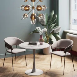 Stół Okrągły Blat MDF Imitacja Marmuru Biały Ø80 Cm