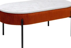 Stolik Kawowy Tkanina Brązowa Blat MDF Imitacja Marmuru 114x60 Cm Nogi Czarne