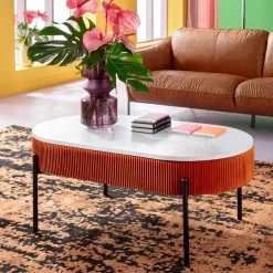 Stolik Kawowy Tkanina Brązowa Blat MDF Imitacja Marmuru 114x60 Cm Nogi Czarne
