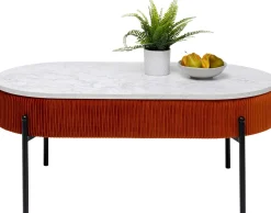 Stolik Kawowy Tkanina Brązowa Blat MDF Imitacja Marmuru 114x60 Cm Nogi Czarne