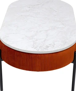 Stolik Kawowy Tkanina Brązowa Blat MDF Imitacja Marmuru 114x60 Cm Nogi Czarne