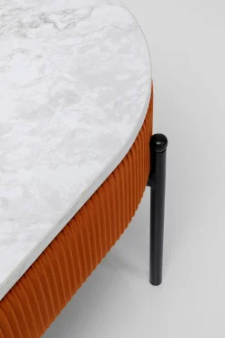 Stolik Kawowy Tkanina Brązowa Blat MDF Imitacja Marmuru 114x60 Cm Nogi Czarne