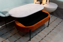 Stolik Kawowy Tkanina Brązowa Blat MDF Imitacja Marmuru 114x60 Cm Nogi Czarne