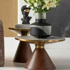 Stolik Kawowy Z Ceramicznym Blatem Podstawa Brązowa Ø70 Cm